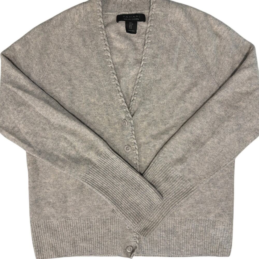 Tahari Women's Cardigan Size Small 100% 2 Ply Cashmere Light Gray quiet luxury